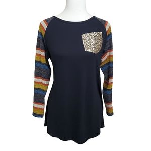 Voll Raglan Sequin Pocket Long Sleeve Top